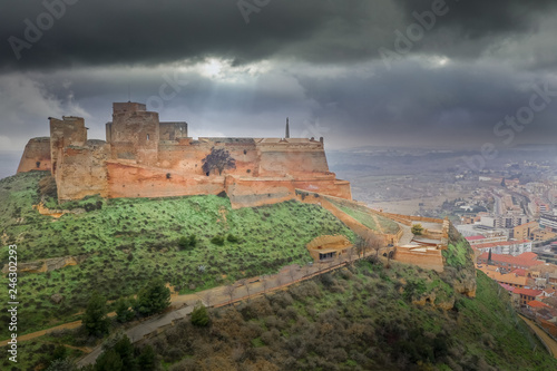 Aerial view of Monzon fortress a former Templer knight castle with Arab origins in the Aragon region of Spain