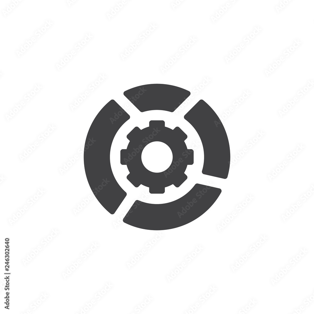 Pie Chart Gear vector icon. filled flat sign for mobile concept and web design. Pie chart diagram options simple solid icon. Symbol, logo illustration. Pixel perfect vector graphics Pie Chart Gear vector icon. filled flat sign for mobile concept and web design. Pie chart diagram options simple solid icon. Symbol, logo illustration. Pixel perfect vector graphics
