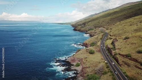 Aerial view of coastal highway with traffic in Maui, Hawaii photo