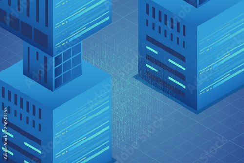 Isometric internet equipment illustration. Data transmission technology and data protection. Graphic concept for your design.