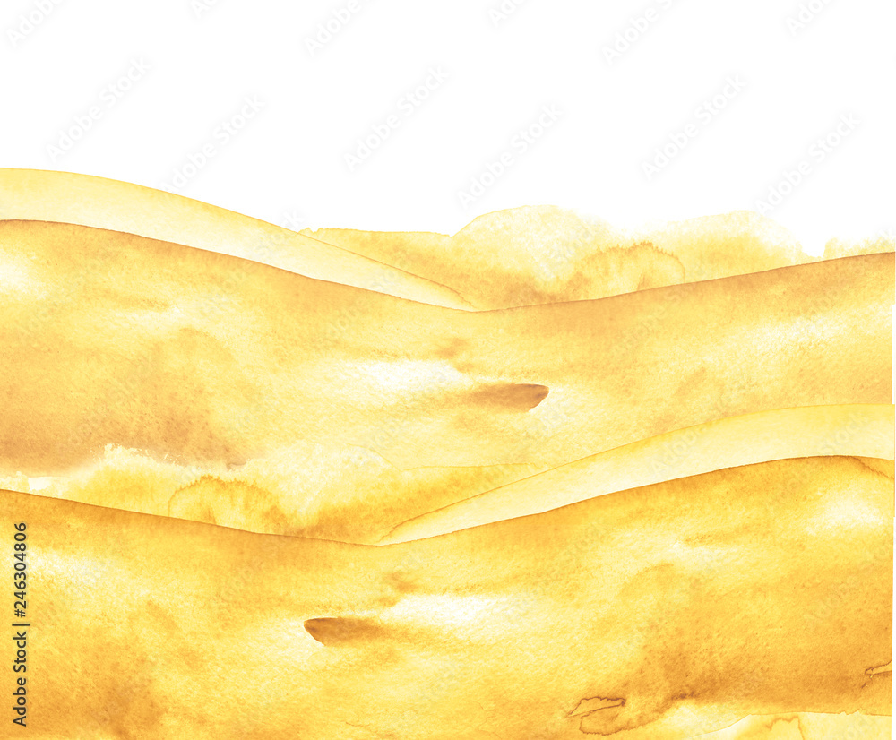 Watercolor yellow, brown hill, hillock, grass. Desert, sand. Summer, autumn landscape on white isolated background. The color splashing on the paper. Abstract blot, background. Watercolor yellow, brown hill, hillock, grass. Desert, sand. Summer, autumn landscape on white isolated background. The color splashing on the paper. Abstract blot, background.