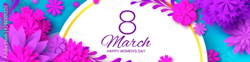 8 March. Womens Day Greetings card. Ultra Violet Banner. Pink Paper Cut Flower Origami Floral bouquet. Space for Text. Spring Seasonal Holidays on blue. Happy Mothers Day.