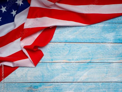 American flag on blue wooden