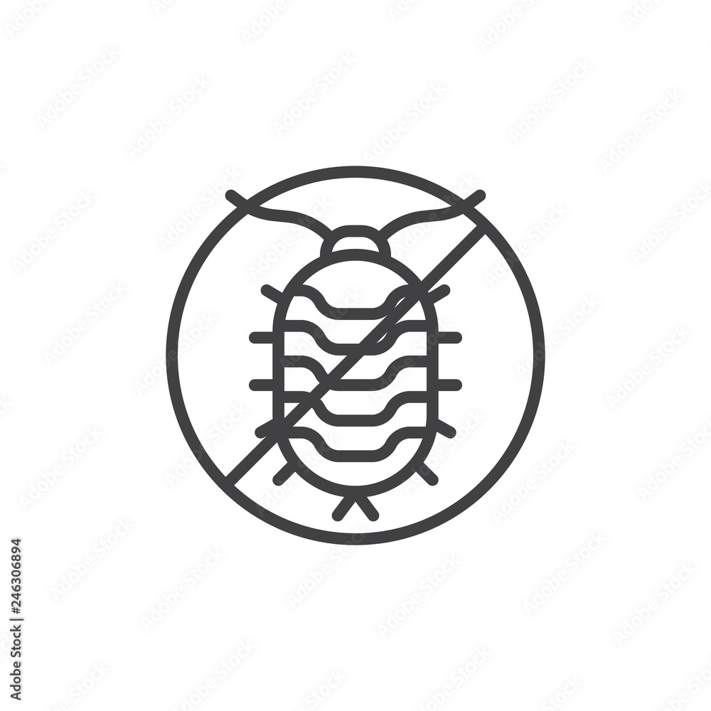 No woodlouse pests line icon. linear style sign for mobile concept and web design. Stop woodlouse insects outline vector icon. Symbol, logo illustration. Pixel perfect vector graphics No woodlouse pests line icon. linear style sign for mobile concept and web design. Stop woodlouse insects outline vector icon. Symbol, logo illustration. Pixel perfect vector graphics