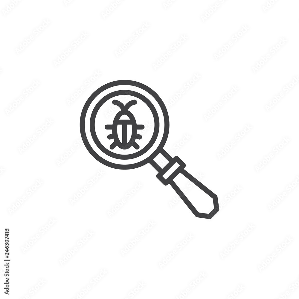 Bug search line icon. linear style sign for mobile concept and web design. Insect and magnifier glass outline vector icon. Pest control symbol, logo illustration. Pixel perfect vector graphics Bug search line icon. linear style sign for mobile concept and web design. Insect and magnifier glass outline vector icon. Pest control symbol, logo illustration. Pixel perfect vector graphics