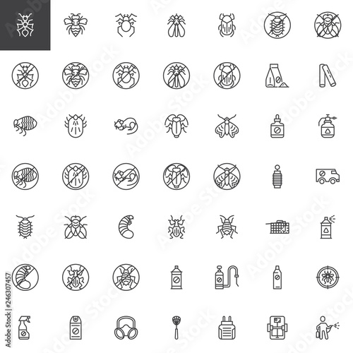Pest control line icons set. linear style symbols collection, outline signs pack. vector graphics. Set includes icons as Ant insect, Mosquito spray bottle, Cockroach, Fly swatter, Rat trap, Gas mask