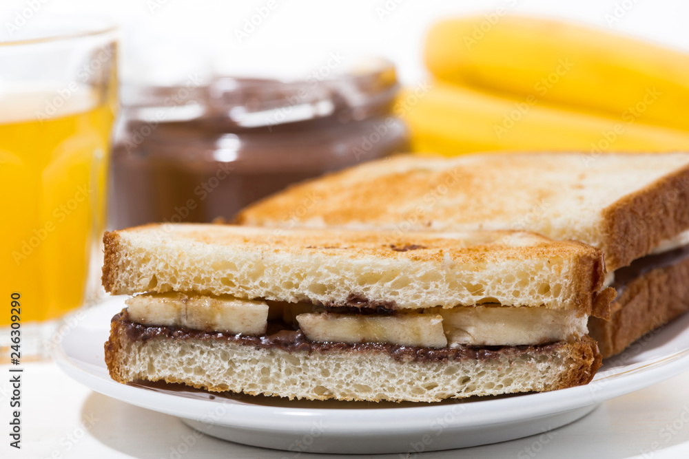 sweet sandwich with chocolate paste and banana on white table sweet sandwich with chocolate paste and banana on white table