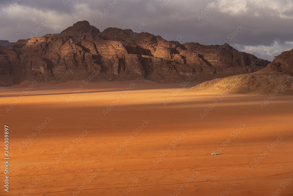Wadi Rum desert landscape in cloudy day, Jordan, Middle east