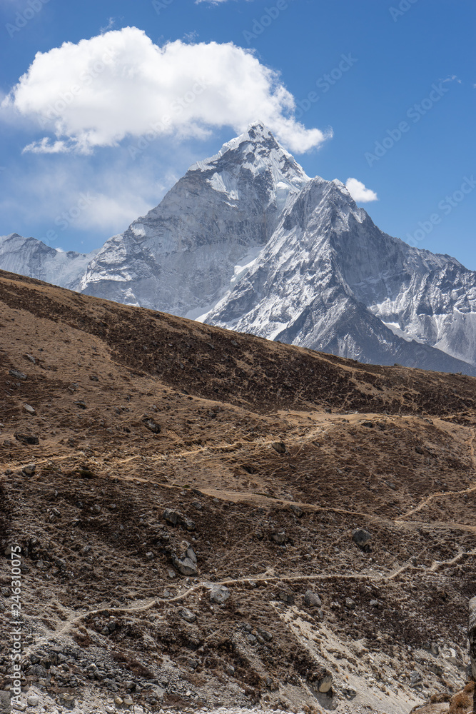 Scenic view of Mount Ama Dablam with big clouds , seen from Thuk La pass, Everest Base Camp trek, Nepal