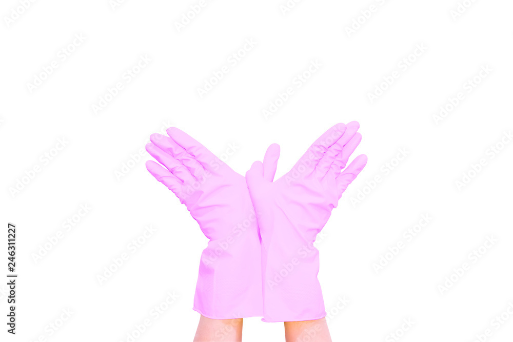 Two hands in pink gloves show gesture of the bird on white isolated background Two hands in pink gloves show gesture of the bird on white isolated background