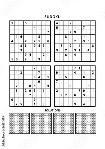 Four sudoku puzzles of comfortable (easy, yet not very easy) level, set 1, on A4 or Letter sized page with margins, suitable for large print books, answers included