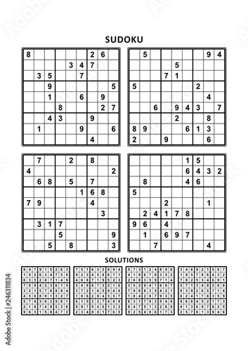 Four sudoku puzzles of comfortable (easy, yet not very easy) level, on A4 or Letter sized page with margins, suitable for large print books, answers included. Set 4.