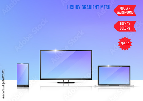 Modern abstract background. Colors transition concept. Gradient mesh. Trendy colored Surface. An example of the use of the proposed background on the screen of a laptop, smartphone and TV