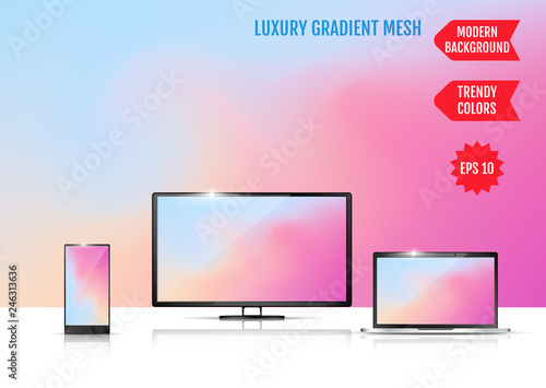 Modern abstract background. Colors transition concept. Gradient mesh. Trendy colored Surface. An example of the use of the proposed background on the screen of a laptop, smartphone and TV