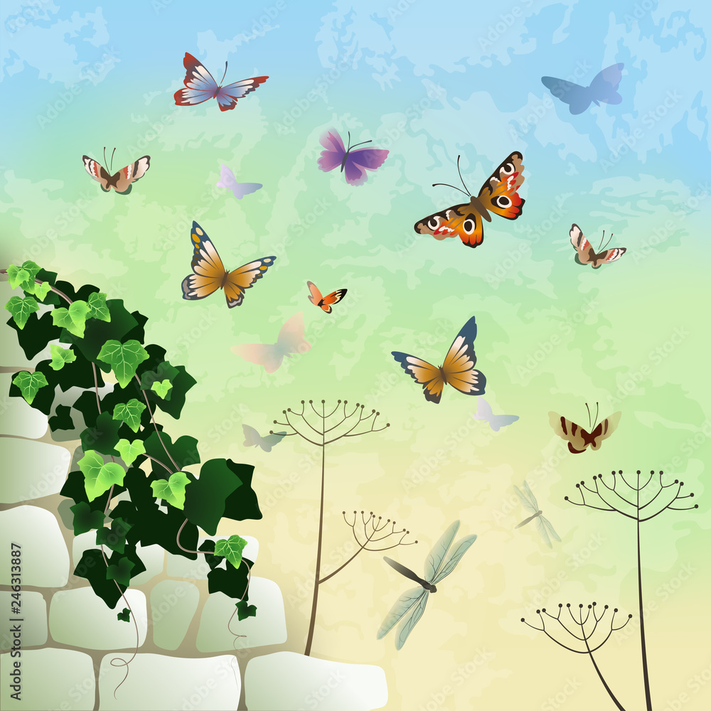 Stone wall with ivy and butterflies.
Vector background. Colorful butterflies on an abstract background. Illustration, EPS-10.