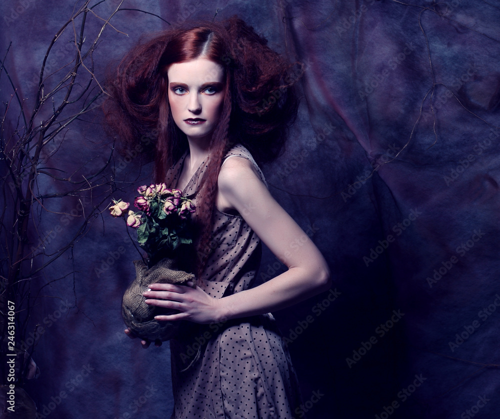 beautiful girl with dry roses in decoration beautiful girl with dry roses in decoration
