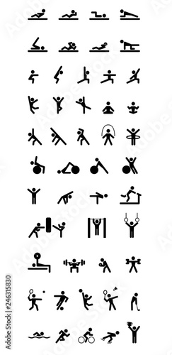 Icon set of people exercise in fitness room or outdoor