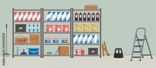 Storeroom. Shelving with household goods. Warehouse racks. There are cardboard boxes, bucket, brushes, bottles, step ladder and other things in the picture. Vector illustration