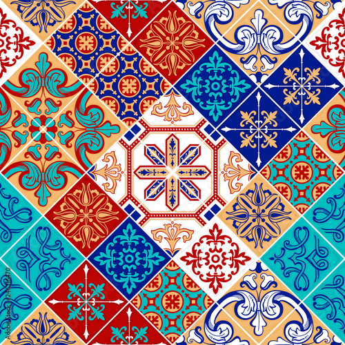 Azulejo tile seamless pattern. Traditional Portuguese, Moroccan ornament. Vector patchwork background.