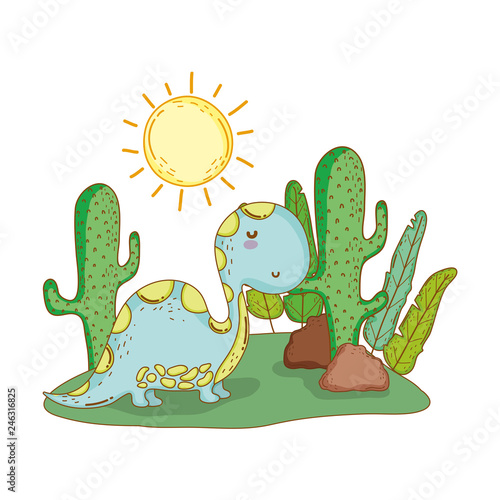 cute apatosaurus with cactus in the landscape