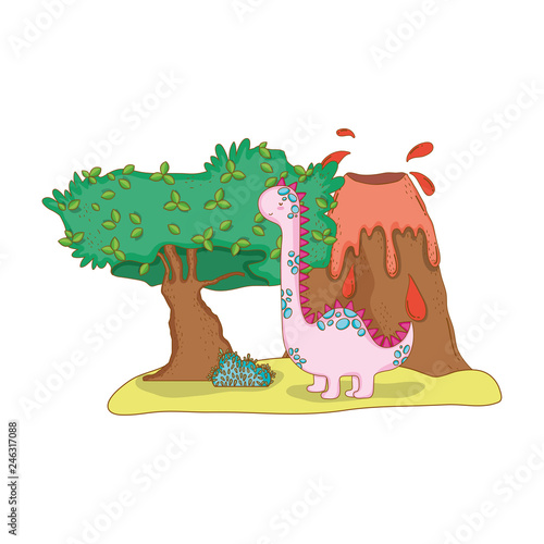 cute apatosaurus with volcano scene