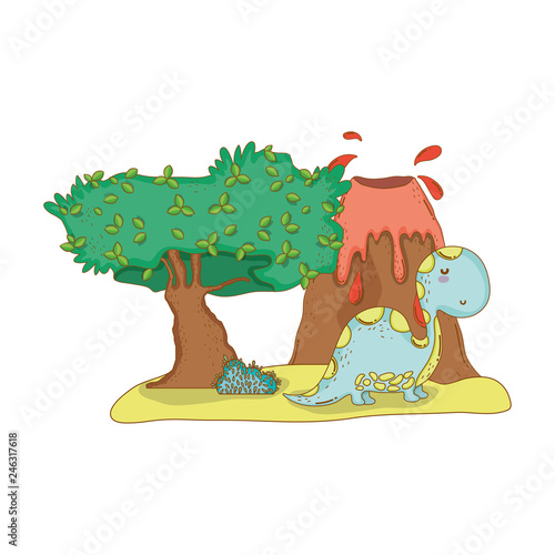 cute apatosaurus with volcano scene