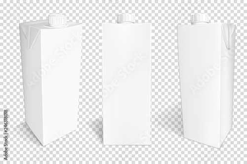 White cardboard package set for beverage, juice and milk, isolated.	