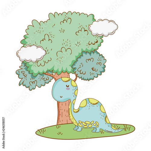 cute apatosaurus with tree in the landscape