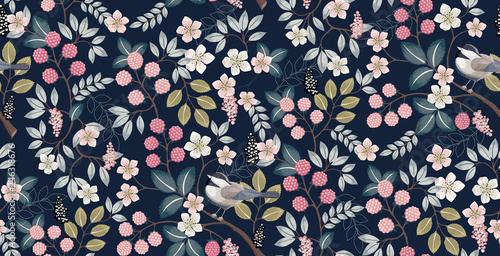 Vector illustration of a seamless floral pattern with cute birds in spring fo...