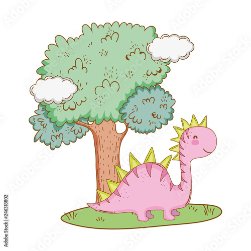 cute apatosaurus with tree in the landscape