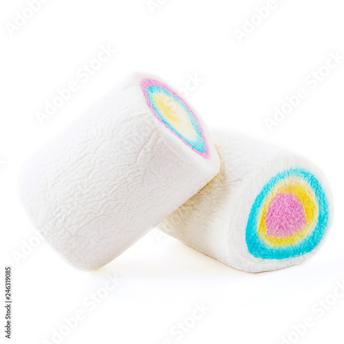 White Fluffy marshmallow isolated over white background. Heap of sweet white marshmallows. Macro