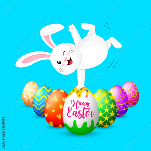 White rabbit doing a somersault with Easter eggs. Happy Easter day. Illustration isolated on blue background. Great for your design of poster, greeting card and banner.