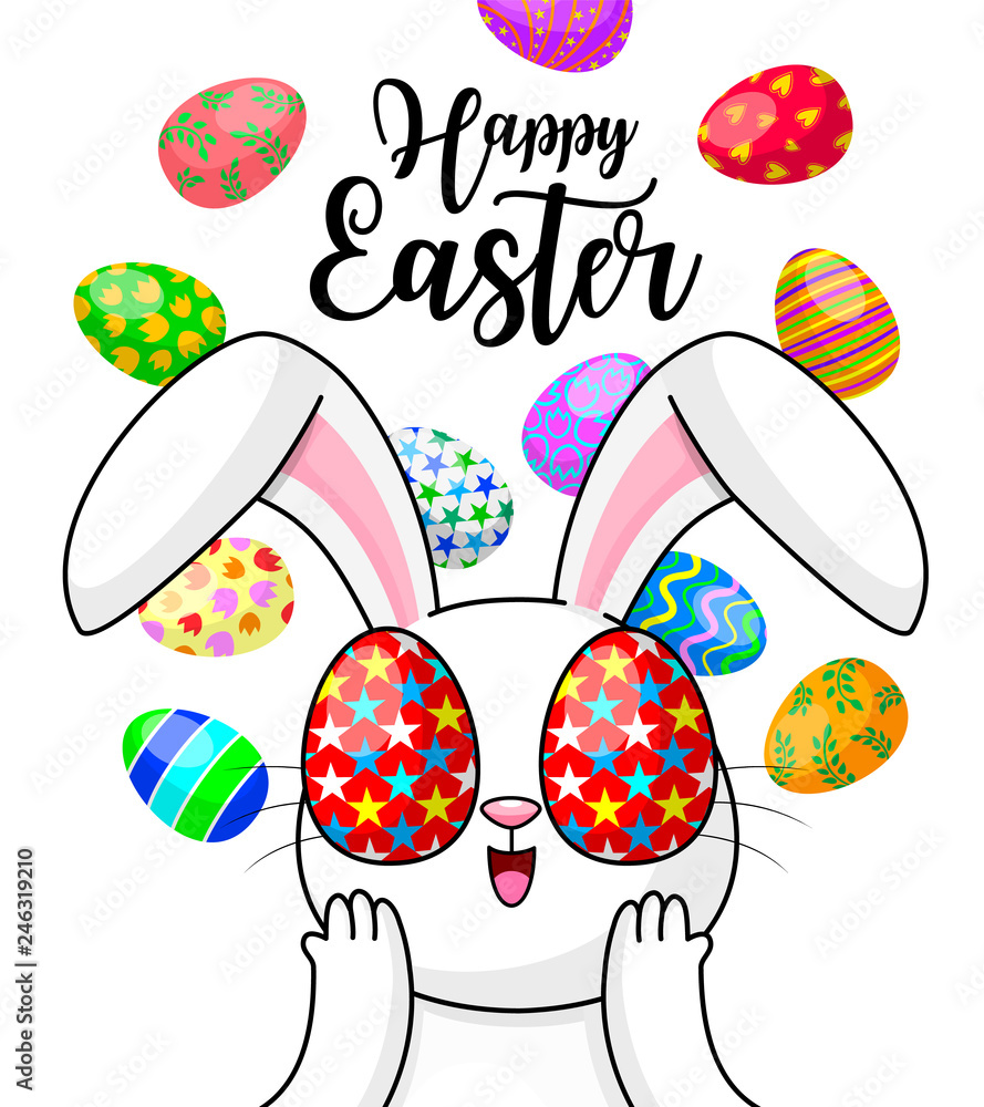 Cute cartoon white rabbit with Easter eggs. Happy Easter day ...