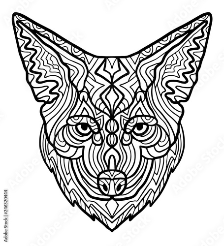 Wild beautiful coyote head hand draw on a white background. Zoo animal ethnic tribal african print suits as tattoo, logo template, decoration, coloring book sketch, Collection of animals.