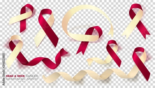 Head and Neck Cancer Awareness Month. Burgundy and Ivory Color Ribbon Isolated On Transparent Background. Set. Vector Design Template For Poster.