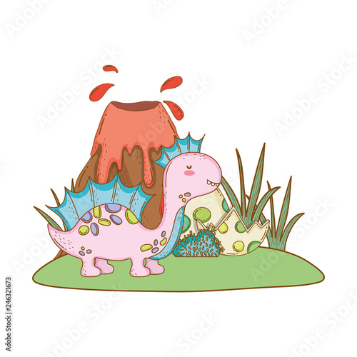 cute apatosaurus with volcano scene