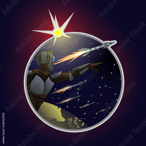 Astronaut in spacesuit shows in direction of far space. Bright star, small constellations, home planet and rockets in background. Concept of space exploration. (ID: 246322426)