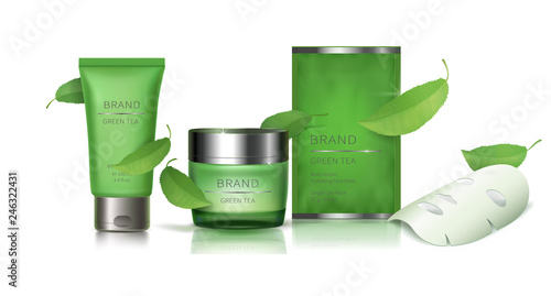 Cosmetic realistic vector set. Green jar and tube with cream, sachet with facial sheet mask and green tea leaves, organic cosmetics, natural formula for skincare. Mock up for ads, magazine or catalog