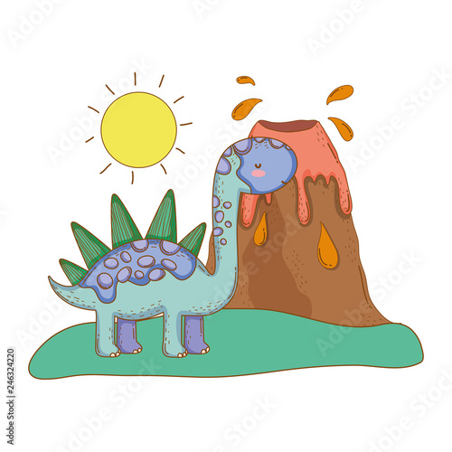 cute apatosaurus with volcano scene
