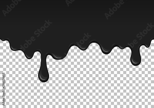 Black dripping slime seamless pattern. Petroleum background with copy space. Kids sensory toy vector illustration. Realistic liquid mucus isolated element. Flowing black fluid. Paint drops and blots.