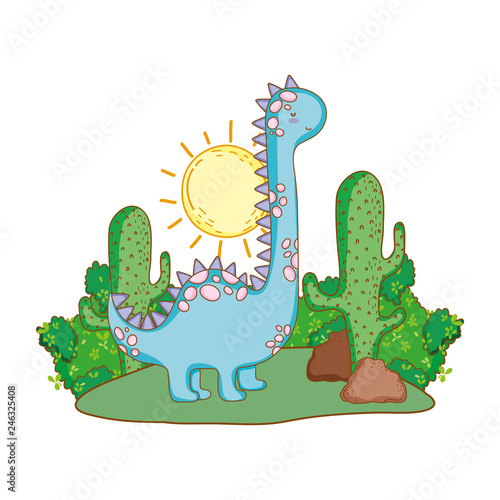 cute apatosaurus with cactus in the landscape