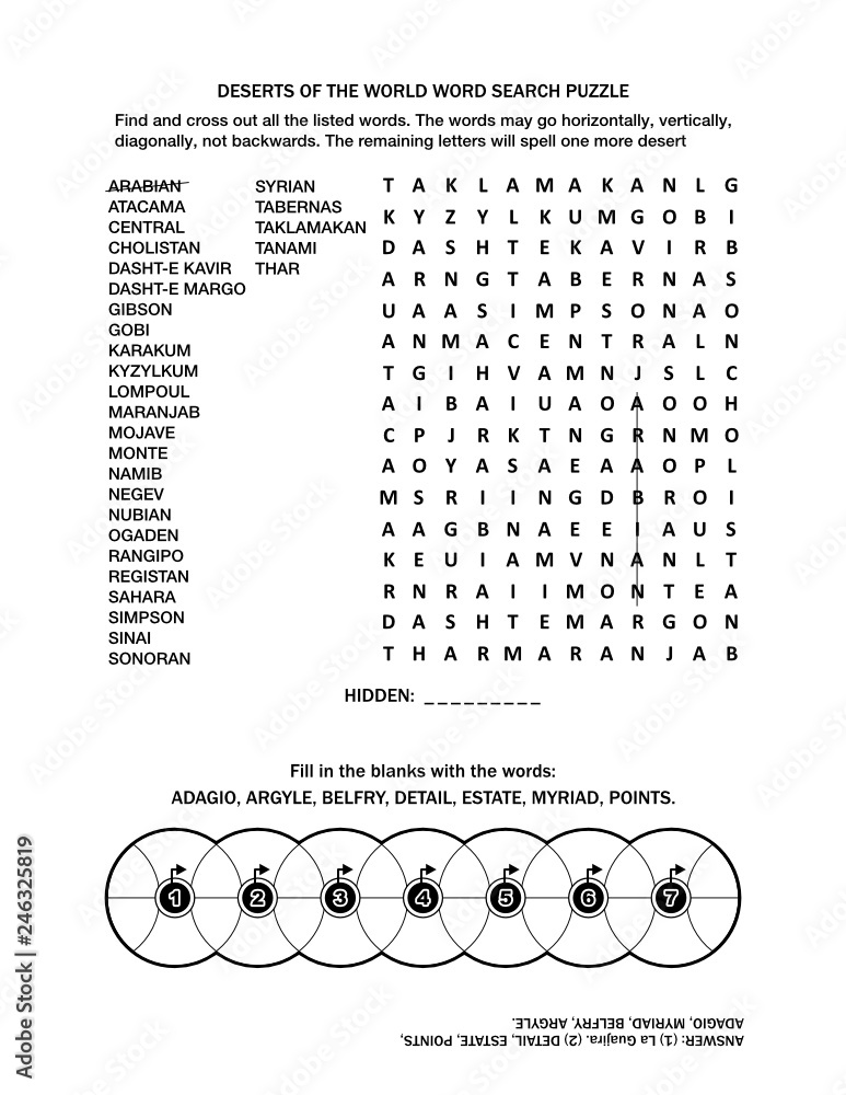 Puzzle page with two word games (English language). Deserts of the world  word search puzzle and fill the wheels. Black and white, A4 or letter  sized. Answer included. Stock Vector | Adobe