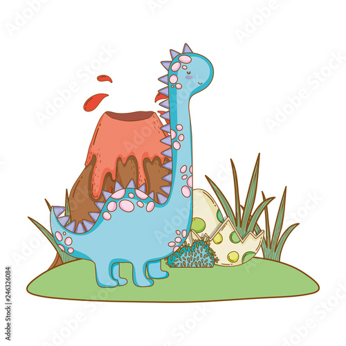cute apatosaurus with volcano scene