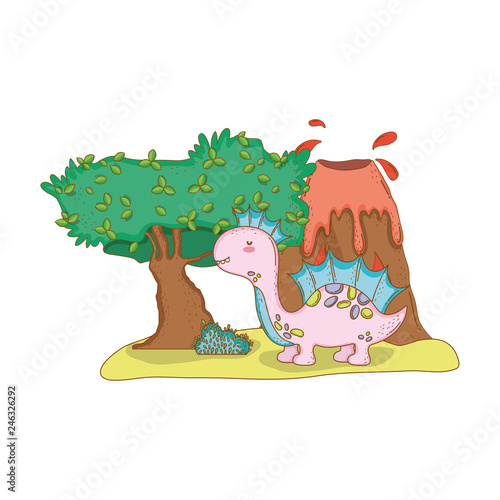 cute apatosaurus with volcano scene