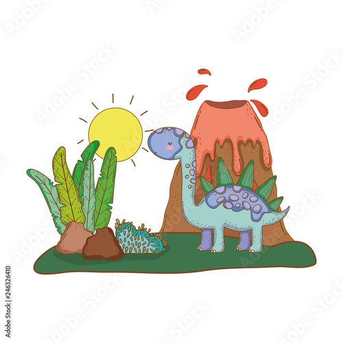 cute apatosaurus with volcano scene