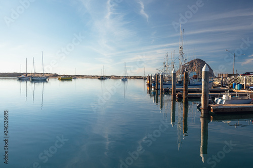 Beautiful sea with sailing boats and Morro Rock, Morro Bay, California