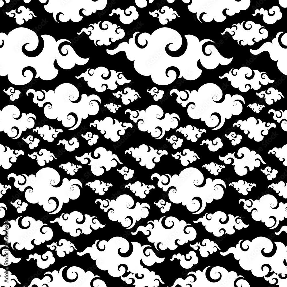 Chinese Cloud or Japanese cloud or Oriental cloud low detail ornament seamless pattern with Motif black and white vector background Chinese Cloud or Japanese cloud or Oriental cloud low detail ornament seamless pattern with Motif black and white vector background