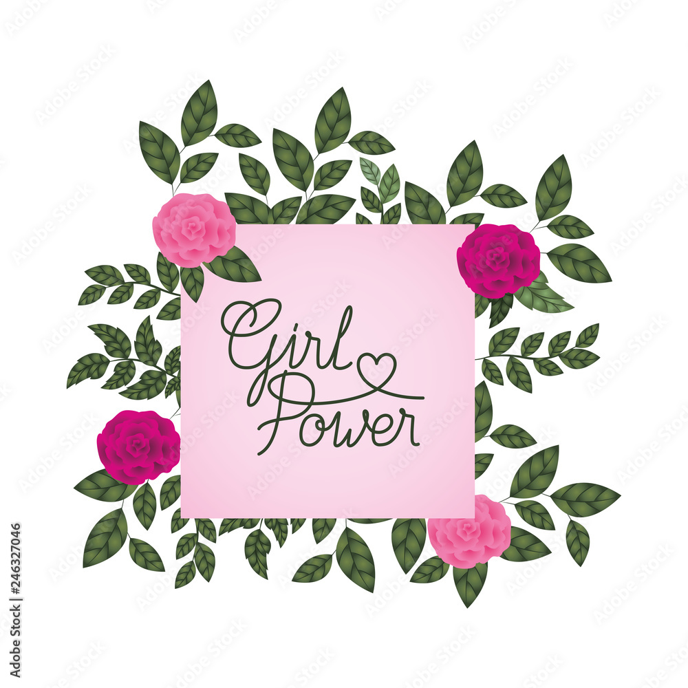 girl power label with roses frame icons