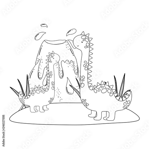 cute apatosaurus with volcano scene