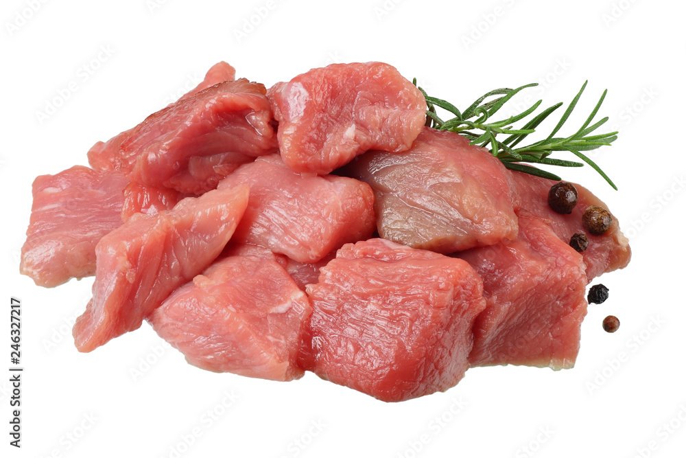 pieces of raw beef meat isolated on white background